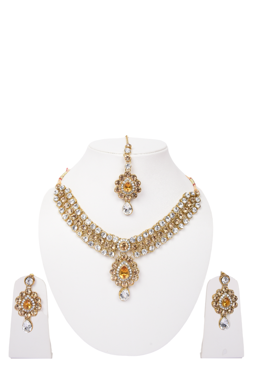 Namokriti Royal Gold & Crystal Bridal Jewellery Set – Necklace, Earrings & Maang Tikka